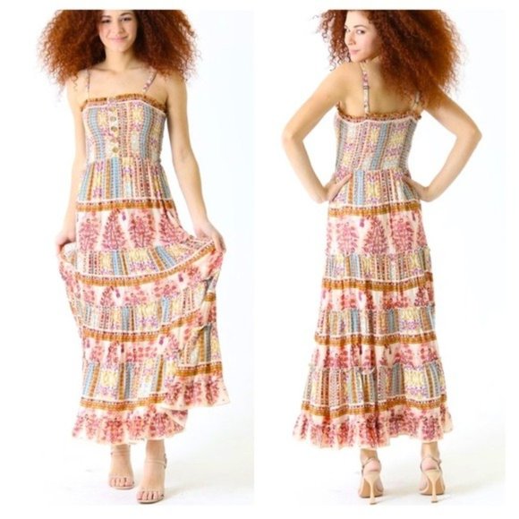 Multi-Color Floral Smocked Tiered Boho Maxi Dress - Picture 3 of 5